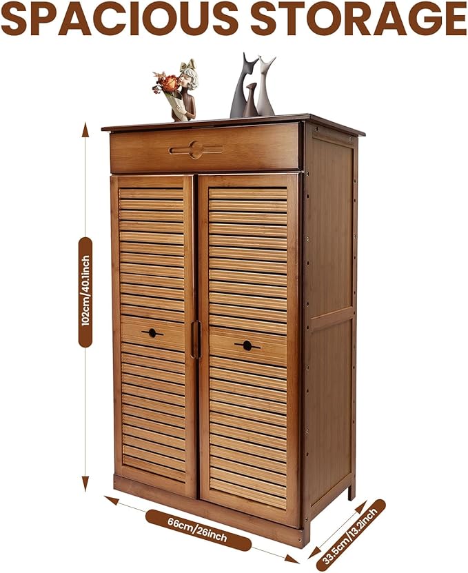 5 Tier Shoe Cabinet with Drawer, Bamboo Shoe Cabinet Organizer with Door, Retro Entryway Shoe Storage Cabinet for Closet, Living Room, Bedroom, Hallway, Doorway