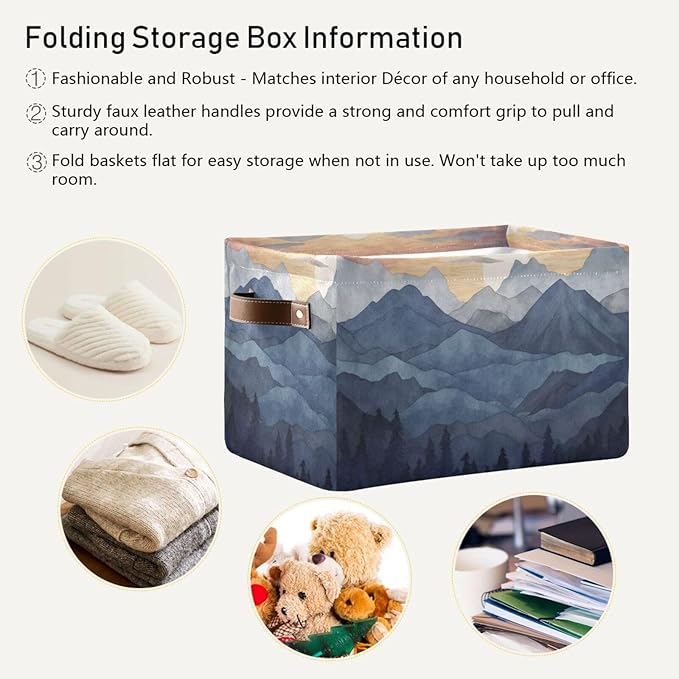 YETTASBIN Nature Mountain Storage Basket 2pc, Large Collapsible Toys Clothes Organizer, Durable Canvas Storage Bin with Handle for Shelves Closet Laundry Home Office Decor
