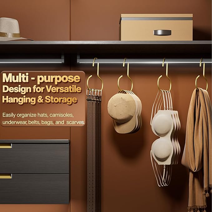 2 Pack Hat Hangers for Closet, Metal S Shaped Hooks Organizer for Baseball Caps, Scarves, Belts & Bras, Heavy Duty Storage Holder with Gold Finish