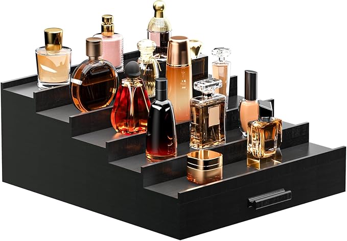 Sephyroth Cologne Organizer 5 Tier of Elegant Bamboo Perfume Organizer for Men with Hidden Storage and Practical Drawer, Perfect for Cologne Display & Gift (5T-Black)
