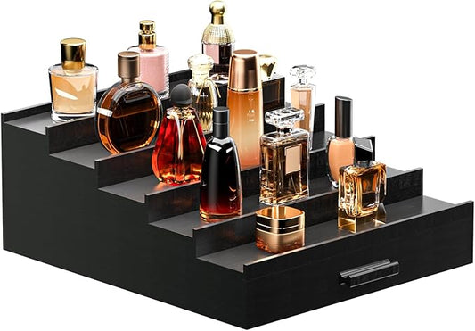 Sephyroth Cologne Organizer 5 Tier of Elegant Bamboo Perfume Organizer for Men with Hidden Storage and Practical Drawer, Perfect for Cologne Display & Gift (5T-Black)
