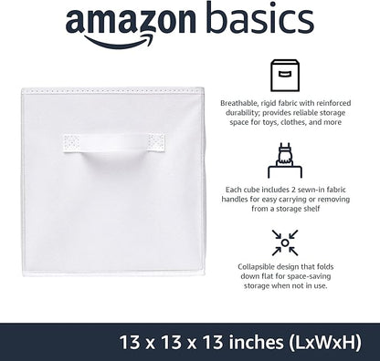 Amazon Basics Collapsible Fabric Storage Bins with Handles, Cube Organizer, 13"x13"x13", White, 6-Pack