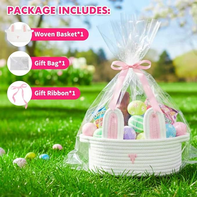 ShellKingdom Storage Basket with Handles, Empty Cute Rabbit Gift Basket with Gift Bags and Ribbon, Small Woven Baskets for Home, Nursery Organizer, 12 X 8 X 5 INCH, Easter White Pink