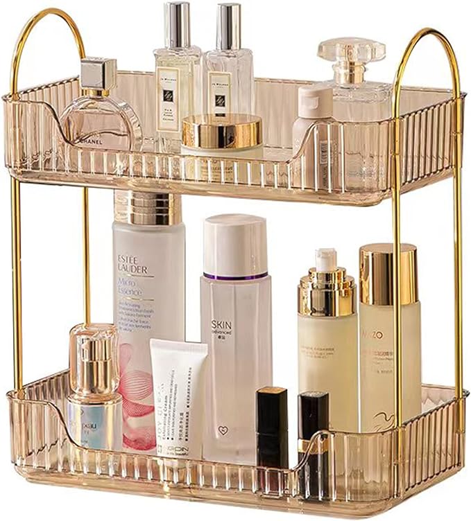 shuang qing Bathroom Counter Organizer Countertop Storage, Cosmetics Skincare Shelf, Makeup Organizer Perfume for Dresser Vanity Tray, Spice Rack for Kitchen(2 Tier-Gold)