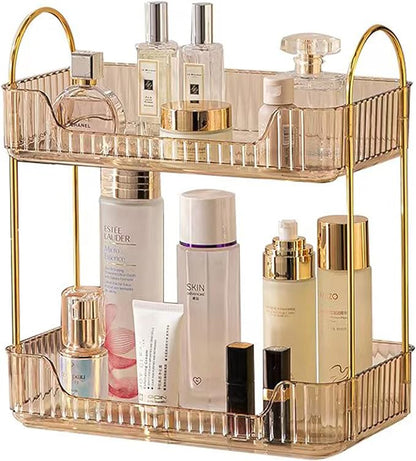 shuang qing Bathroom Counter Organizer Countertop Storage, Cosmetics Skincare Shelf, Makeup Organizer Perfume for Dresser Vanity Tray, Spice Rack for Kitchen(2 Tier-Gold)