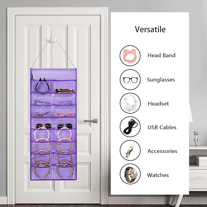 Wall Hanging Headband Organizer Ribbon Hair Hoops Storage Hairbands Hair Accessory Holder with Clear Pockets (PURPLE-16 POCKETS)