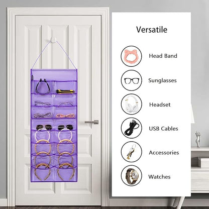 Wall Hanging Headband Organizer Ribbon Hair Hoops Storage Hairbands Hair Accessory Holder with Clear Pockets (PURPLE-16 POCKETS)