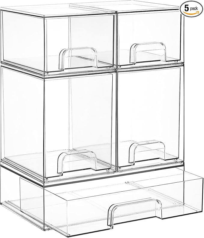 Vtopmart Stackable Storage Drawers Set of 5, Clear Plastic Organizer Bins for Baby Bottle, Beauty Supplies Storage, Ideal for Kichen Countertop, Vanity, Bathroom, Cabinet, Pantry Organization