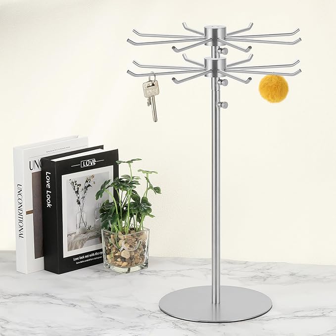 uxcell Keychain Display Stand, 1Pcs - Metal 2-layer Rotating Jewelry Display Stand with 8 Hook, Adjustable Display Rack for Necklace Craft Shows (Silver)