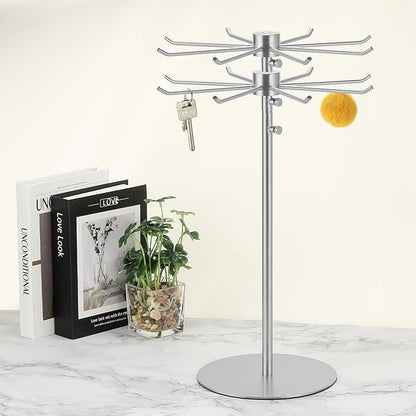 uxcell Keychain Display Stand, 1Pcs - Metal 2-layer Rotating Jewelry Display Stand with 8 Hook, Adjustable Display Rack for Necklace Craft Shows (Silver)