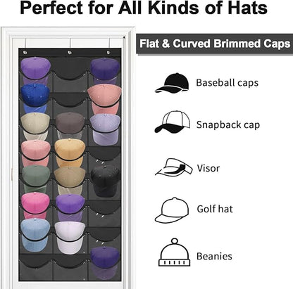 BiCINE Hat Rack for Baseball Caps, 24 Pocket Over the Door Hat Organizer with 3 Hooks, Hat Holder for Door with Large Clear Pockets, Hat Storage to Protect and Display, Black - 1 Pack