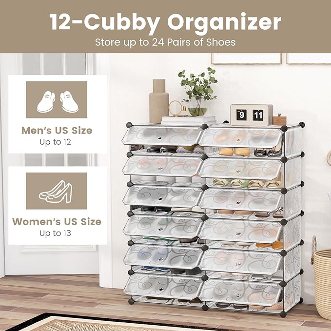 COSTWAY Shoe Rack Organizer, 6 Tier Shoe Shelves with Covers, DIY Design, 24-Pair Stackable Cube Organizer Boxes, Freestanding Shoe Cabinet for Entryway Bedroom Closet Hallway (White)