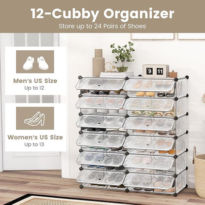 COSTWAY Shoe Rack Organizer, 6 Tier Shoe Shelves with Covers, DIY Design, 24-Pair Stackable Cube Organizer Boxes, Freestanding Shoe Cabinet for Entryway Bedroom Closet Hallway (White)
