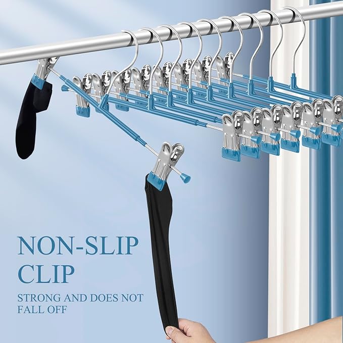 Pants Hangers with Clips 10 Pack Adjustable Skirt Hangers for Women Non-Slip Trousers Hanger for Jeans Clothes Hangers for Pants Heavy Duty Space Saving Shorts Hangers,Blue,12Inch