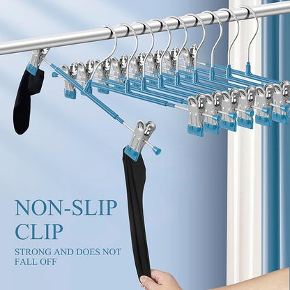 Pants Hangers with Clips 10 Pack Adjustable Skirt Hangers for Women Non-Slip Trousers Hanger for Jeans Clothes Hangers for Pants Heavy Duty Space Saving Shorts Hangers,Blue,12Inch