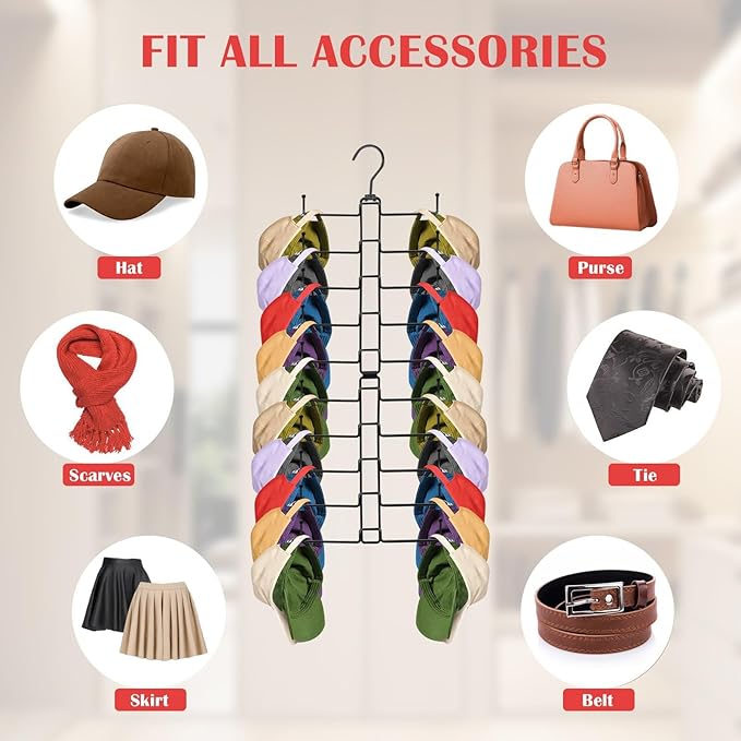 Hat Organizer for Closet, Rotatable Hat Hanger with 20 Large Hooks, Holds Up to 60 Baseball Caps, Collapsible Metal Space Saving Caps Rack for Display, Storage and Closet Organizers, White