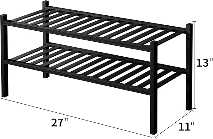 ROMGUAR CRAFT 2 Tier Bamboo Shoe Rack for Closet Free Standing Wood Shoe Shelf for Entryway Small Space Stackable 27"x11"x13" (Black)