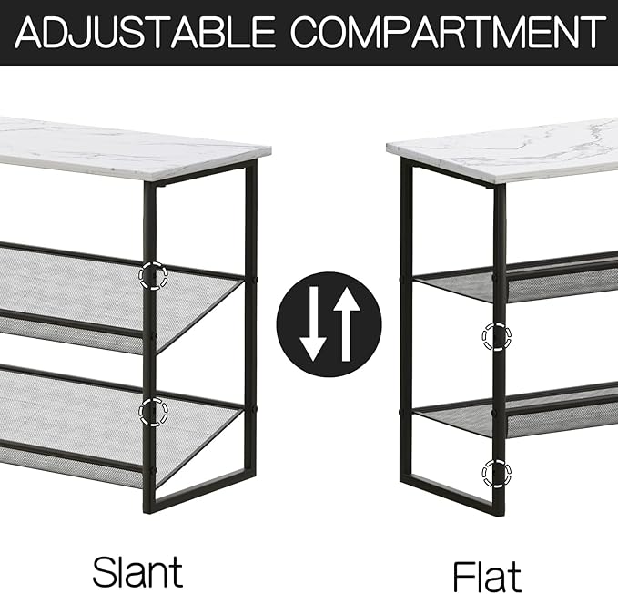 Garden 4 you Shoe Rack for Entryway 3 Tiers 11.8" D x 25" W x 20" H, Metal Shoe Rocks with White Wooden Tabletop, Angled Shoes Rack with Adjustable Mesh Shelves for Entryway Hallway Closet
