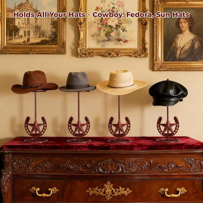2 PCS Cowboy Hat Stand, Cowboy Hat Holder, Hat Display Stand, Western Horseshoe Decor, Desk Hat Rack for Fedora Sun Straw Hats, Tabletop Hat Stands, Iron, Bronze Finish, 5.1 x 5.1 x 11.5 in