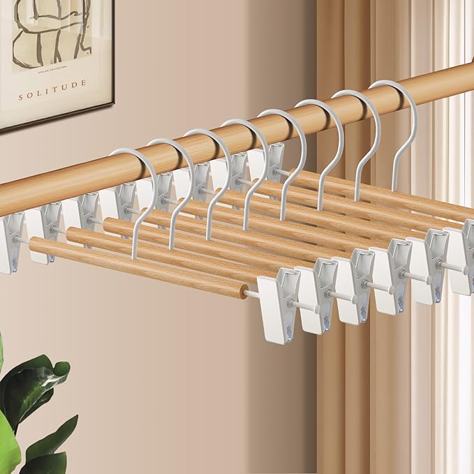 Wooden Pants Hangers with Clips 20 Pack Adjustable Wood Skirt Hangers for Women&Men Space Saving Closet Non Slip Clothes Hanger for Jeans,Trousers,Short,12Inch Natural