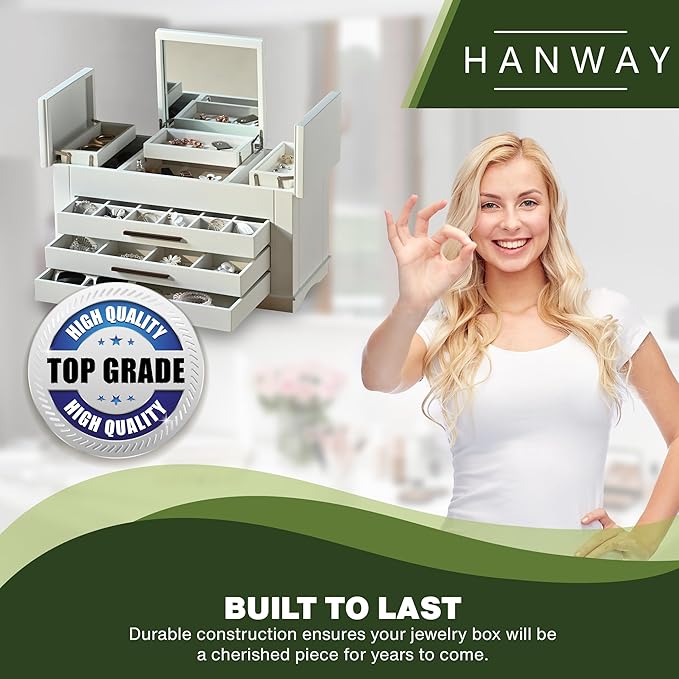 Hanway 4 Layers Wooden Jewelry Box Organizer for Women, with multiple compartments, featuring interior mirror & tray for necklaces, earrings, bracelets, glasses, and rings (white)