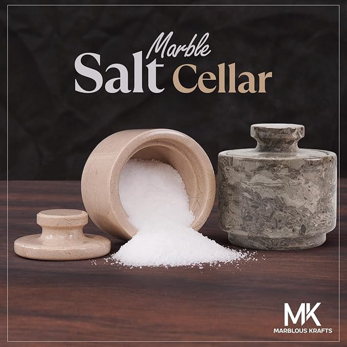 MARBLOUS KRAFTS Marble Salt Cellar 3" Inch Oceanic and Verona Celtic Salt and Spice Holders, DiningTable Decor for Kitchen & Home, Sea Salt Holder with Lid Storage Container, Gift for Mom