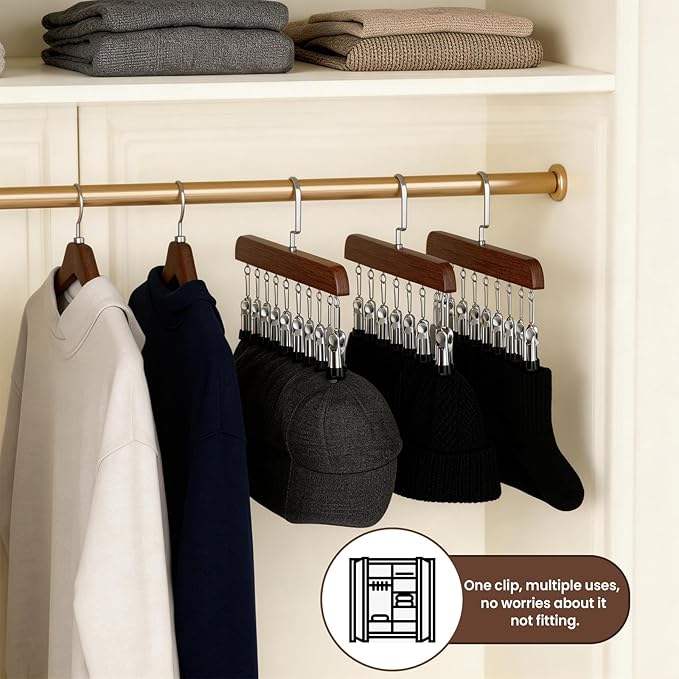 Closet Organizer with 10 Clips, Space Saving Hanging Closet Organizer, Space-Saving Closet Organizers and Storage with Sturdy Steel Non-Slip Clips (1, Natural Wood+Vintage)