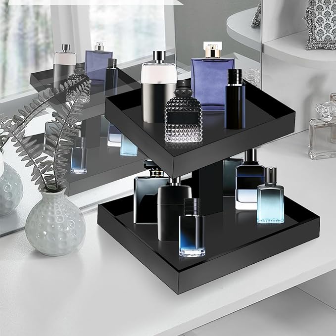 YAGELI Black Perfume Organizer for Men, 2 Tier Acrylic Cologne Rack Stand, Rectangular Vanity Storage for Bathroom and Bedroom Countertops, Holds Bottles Up to 6.5 Inches Tall