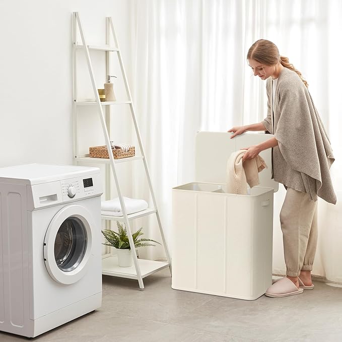 Lifewit Triple Laundry Hamper with Lid and Removable Laundry Bags, Large Collapsible 3 Dividers Dirty Clothes Basket with Handles for Bedroom, Laundry Room, Closet, Bathroom, College, 160L White