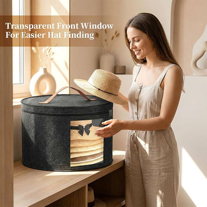 Hat Boxes for Women&Men Storage, Round Felt Hats Storage Box Container for Closet, Cowboy,Round Brim, 16" D x 10" H Foldable Caps Organizer Bag for Travel with Dustproof Lid (Black)