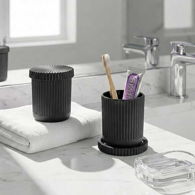 2 Pack Qtip Holder - Apothecary Jars with Lids, Bathroom Organizers and Storage Canister for Cotton Balls,Swabs,Floss Picks,Hair Ties,Clear Glass Vintage Bathroom Decor Jar Set (Black)