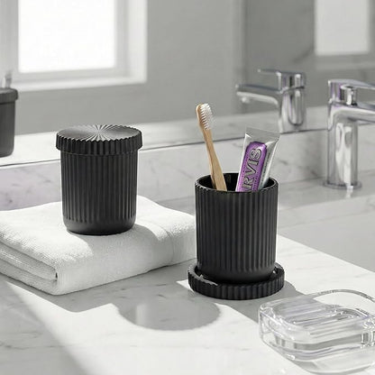 2 Pack Qtip Holder - Apothecary Jars with Lids, Bathroom Organizers and Storage Canister for Cotton Balls,Swabs,Floss Picks,Hair Ties,Clear Glass Vintage Bathroom Decor Jar Set (Black)