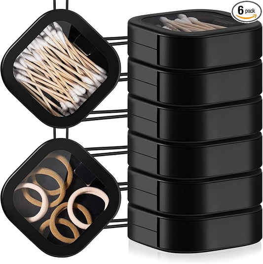 Kathfly 6 Pcs Hair Tie Organizer, Portable Bobby Pin Holder, Stackable Hair Accessories Holder for Travel, Cotton Swabs Dispenser, Jewelry Organizer Box(Black)
