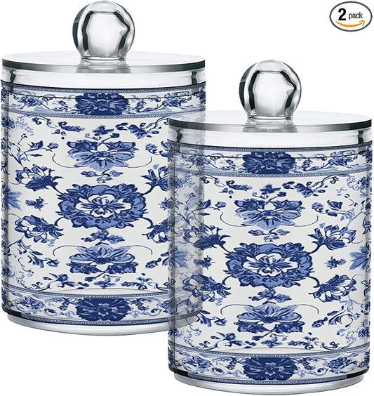 Milk Cow Qtip Holder with Lid 2PCS Apothecary Jars Storage Containers, Clear Plastic Canister for Cotton Swab,Floss Picks, Cosmetics (Porcelain Floral Pattern, one sizex2)