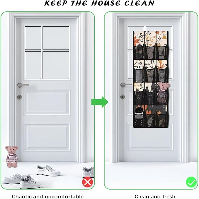 Black Cat Over The Door Shoe Organizer 12 Pockets Wall Hanging Storage for Kids Room Rabbit Door Hanger Organizer Mesh Fabric Shoe Holder Hanger for BedRoom