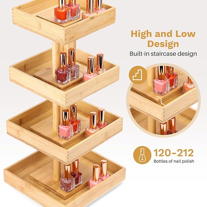 Homde Nail Polish Display Stand and Storage: 360 Degree Rotating Bamboo Rack Organizer, 4 Tier Makeup Holder for Fast Access on Countertop or Vanity for Girls & Women,Brown