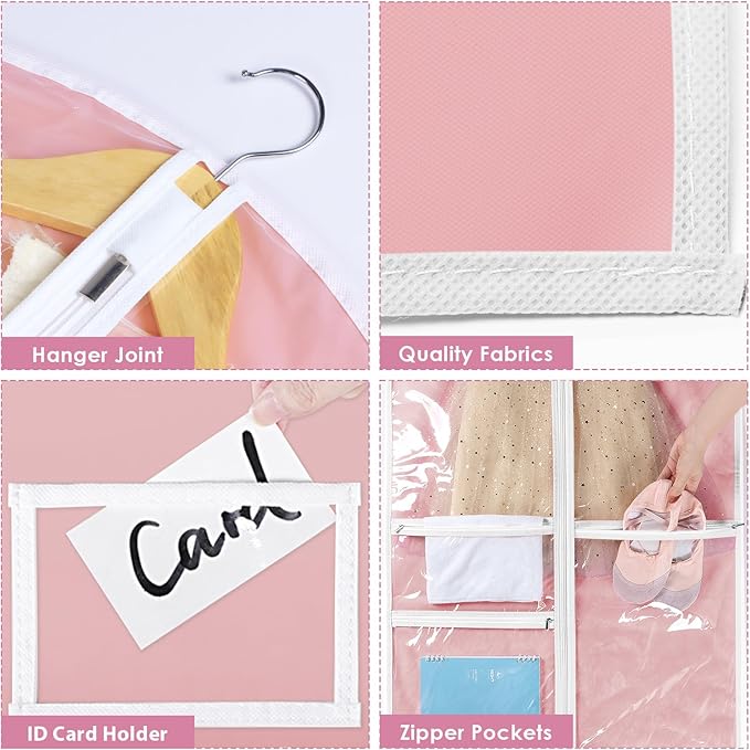 Univivi Dance Costume Garment Bags for Kids, 40 Inch Foldable Hanging Garment Bags for Dancers with Clear PVC Window and 3 Zipper Pockets, Pink (5 Pack)