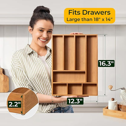 Carbonized Bamboo Kitchen Drawer Organizer, 8 Slots Silverware Organizer, Utensil Holder & Cutlery Tray, 2.2" Deep for Extra Capacity, Non-Slip Feet Included