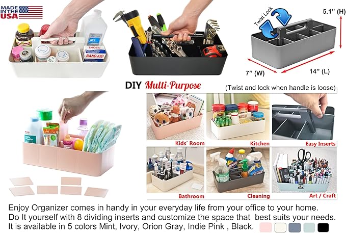 New Plastic Portable Makeup Organizer Caddy Tote Divided Basket Bin with Handle, for Bathroom Storage - Holds Blush Makeup Brushes, Eyeshadow Palette, Lipstick - Extra Large Made In USA (Black)