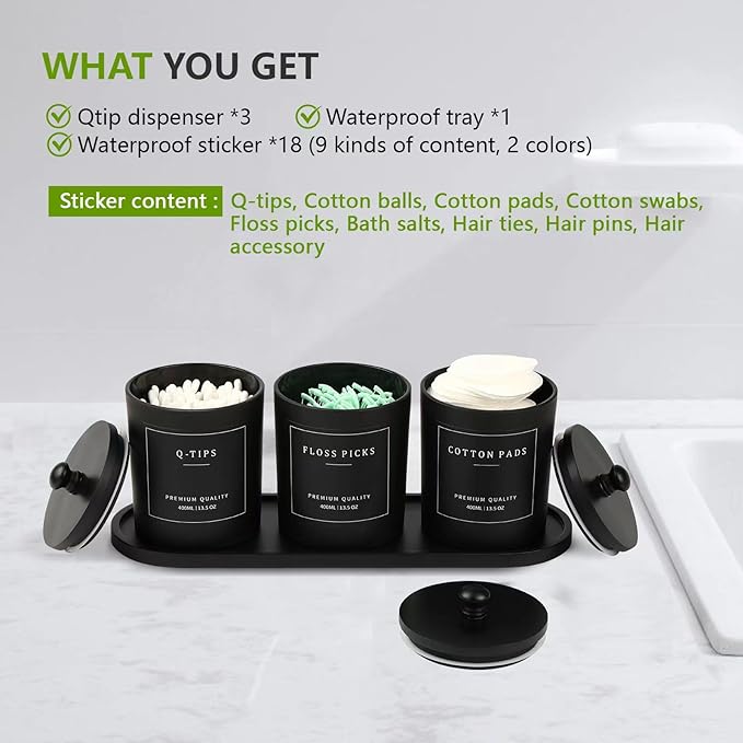 eggs sound 3 Pack Qtip Holder - Bathroom Organizers and Storage, Cotton Round Holder Cotton Swab Ball Dispenser Holder with Tray, Glass Apothecary Jars with Lids, Floss Pick Containers -black black