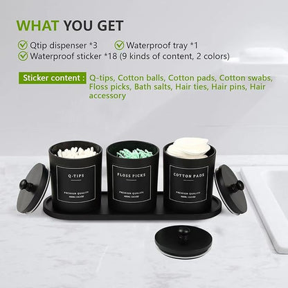 eggs sound 3 Pack Qtip Holder - Bathroom Organizers and Storage, Cotton Round Holder Cotton Swab Ball Dispenser Holder with Tray, Glass Apothecary Jars with Lids, Floss Pick Containers -black black