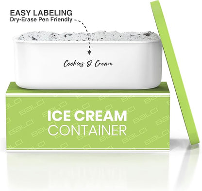BALCI - Ice Cream Container - 2 Quart - Perfect Reusable Freezer Storage for Homemade Ice Cream Tubs for Sorbet, Frozen Yogurt and Gelato! - Flexible Silicone Lids, Long Scoop, Stackable - Green