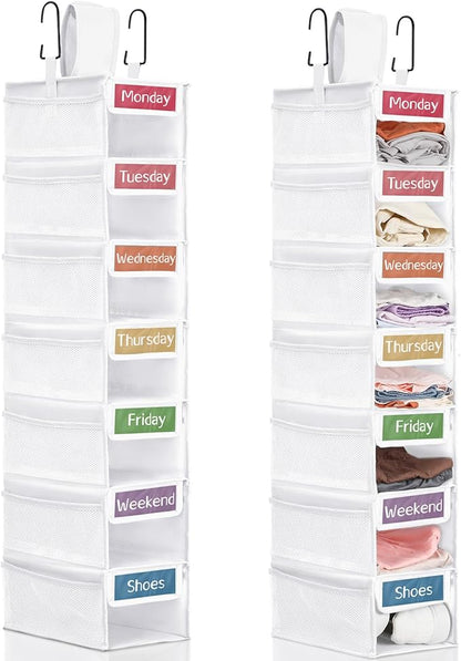 2 Pack 7 Shelf Weekly Clothes Organizer Hanging Closet for Kids with Side Pockets Weekday Shoes Rack Weekly Clothes Organizers Monday Through Weekend Foldable Storage Shelves(White)