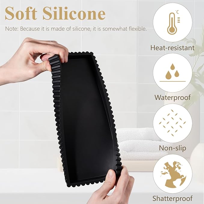 Silicone Bathroom Tray Small Vanity Organizer Rectangle Sink Caddy Sponge Holder Kitchen Counter Decor for Dish Soap, Perfume, Candle, Black