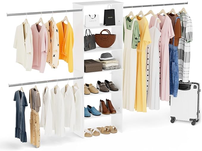 Closet System, 25.5" Wide Closet Organizer System with 3 Hanging Rods, Wood Tower Closet Storage for Walk In Closets, Wall Mounted Wardrobe Organizer Kit, Bedroom, Fit Space 6-10 ft, White