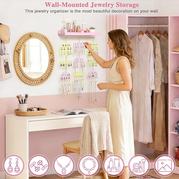 Keebofly Wall Mounted Jewelry Organizer, Hanging Earring Holder with Wood Shelf & Necklace Hooks, Acrylic Pegboard Earring Display Rack for 100+ Pairs Studs, Hoops & Dangles, Decorative Storage, Pink