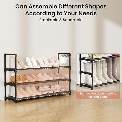 VILICK Shoe Rack for Closet Shoe Organizer Space Saver Storage for 12-15 Pair Shoe Shelf with Hook Free Standing 3 Tier Shoe Rack Organizer for Entryway, Small Spaces, Black