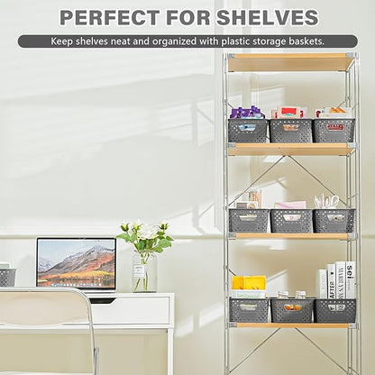 12 Pack Plastic Storage Baskets for Organizing, Storage Baskets for Shelves with Handles, Small Storage Bins with Labels, Organizer Baskets for Cabinet,Closet, Office,Gray