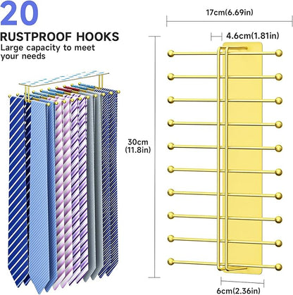 Tie Rack Wall Mounted, Tie Organizer for Men, Tie Rack Hanger for Closet Metal, Adhesive Tie Holder Organizer with 20 Hooks, Tie Storage for Wall Bedroom Living Room Dresser Room (Gold)