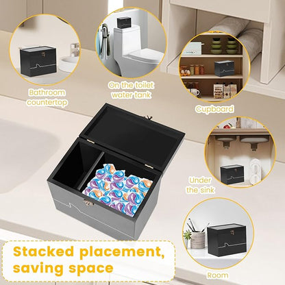 Tampon Holder for Bathroom Wooden Feminine Product Organizer with Lid Pad and Tampon Organizer for Bathroom Tampon Storage Sanitary Napkin Holder for Girl Stuff (Black)